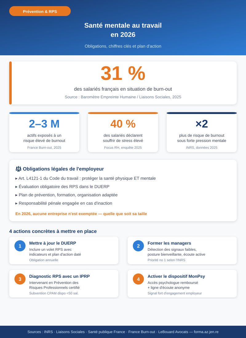 Infographie sur les risques psychosociaux et obligations employeur en 2026